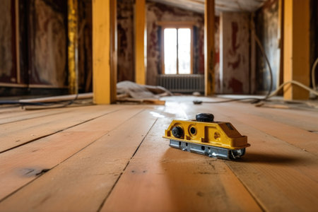 leveling tool on new floorboards during repair work, created with generative aiの素材