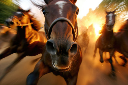 tight shot of racehorses nostrils flaring while running, created with generative aiの素材