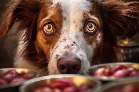 close-up of dogs eyes with food bowl in background, created with generative aiの素材
