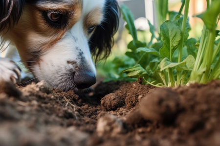 close-up of dogs paws digging hole in garden soil, created with generative aiの素材