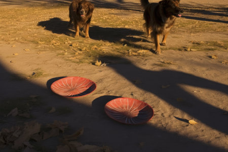 frisbees shadow on ground with dogs paws nearby, created with generative aiの素材