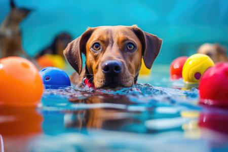 close-up of dog toys floating in pool water, created with generative aiの素材