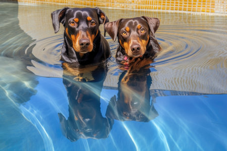 dogs reflection in pool water with ripples, created with generative aiの素材