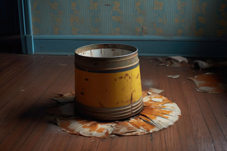 trash can lid on floor, chewed edges, created with generative aiの素材