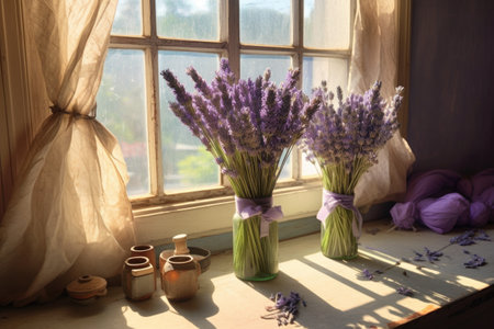 aromatic lavender bundles on a windowsill, sun casting shadows, created with generative aiの素材