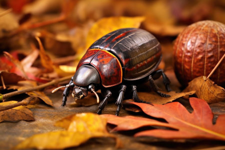 dung beetle rolling ball beside fallen autumn leaves, created with generative aiの素材
