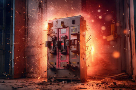 circuit breaker box with sparks due to faulty wiring, created with generative aiの素材