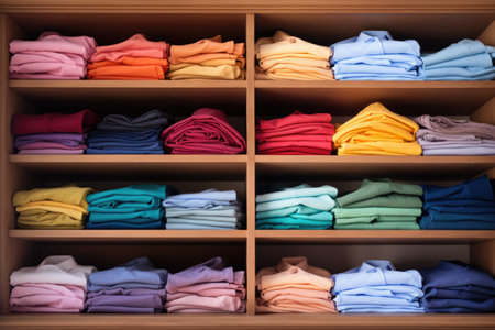 neatly folded colorful shirts on white shelves, created with generative aiの素材