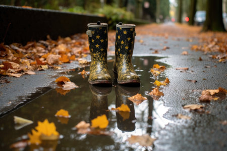 rain boots submerged halfway in puddle, created with generative aiの素材