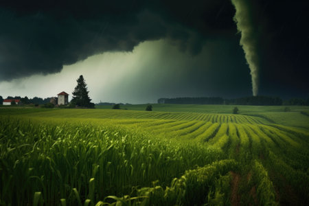 tornado through a cornfield, crops bending, created with generative aiの素材