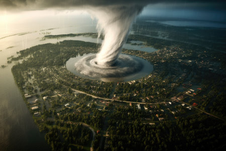 aerial perspective of a tornado dissipating over water, created with generative aiの素材