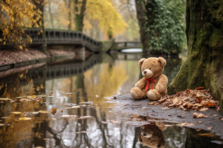 abandoned teddy bear near a tranquil pond in park, created with generative aiの素材