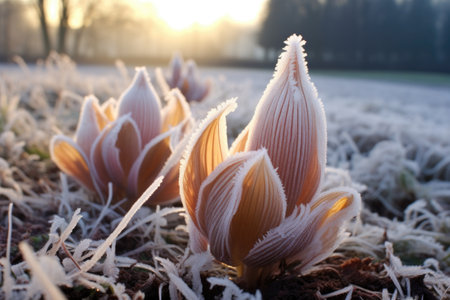 frost flowers forming on a frosty morning, created with generative aiの素材