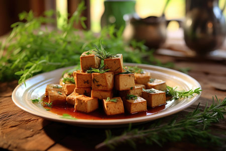freshly made tofu garnished with herbs on a plate, created with generative aiの素材
