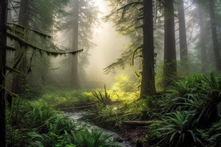 misty morning in a redwood forest, created with generative aiの素材