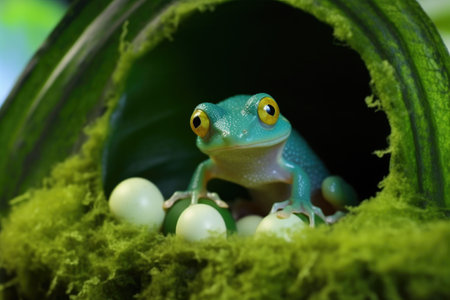 glass frog watching over eggs in a lush green setting, created with generative aiの素材
