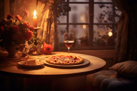pizza on table with dimmed romantic lighting, created with generative aiの素材