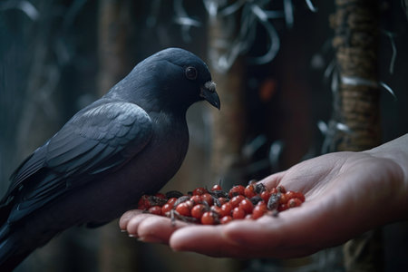 close-up of pigeon eating seeds from open palm, created with generative aiの素材