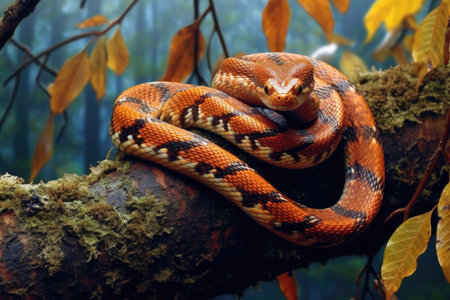 a venomous snake coiled around a tree branch, created with generative aiの素材