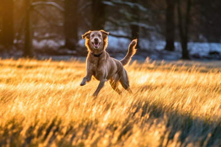 dog catching frisbee in sunlit grassy field, created with generative aiの素材