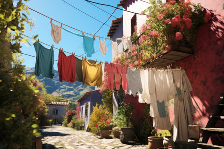 close-up of freshly washed clothes drying in the sun, created with generative aiの素材