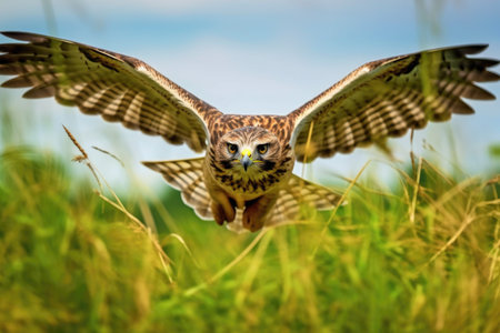 hawk hovering over a meadow, eyes locked on a target, created with generative aiの素材