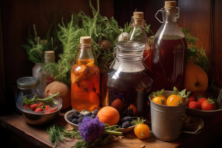 kombucha brewing with fresh fruits and herbs, created with generative aiの素材