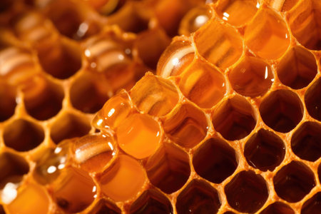 macro shot of honeycomb cells filled with honey, created with generative aiの素材