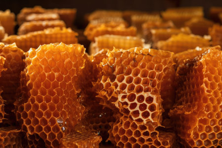 freshly harvested honeycombs in a row, created with generative aiの素材