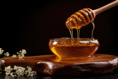 golden honey pouring onto a wooden spoon, created with generative aiの素材