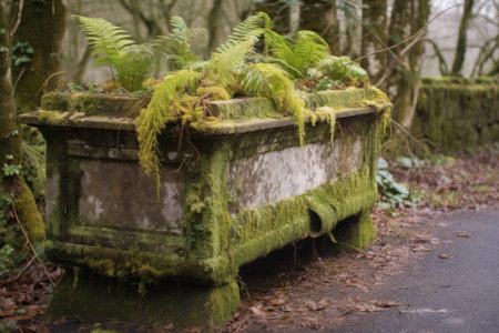 old stone horse trough with moss and plants, created with generative aiの素材