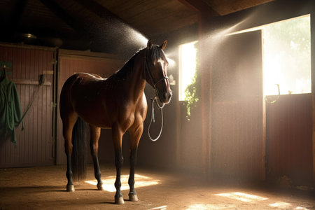 horse being sprayed with fly repellent in stable, created with generative aiの素材