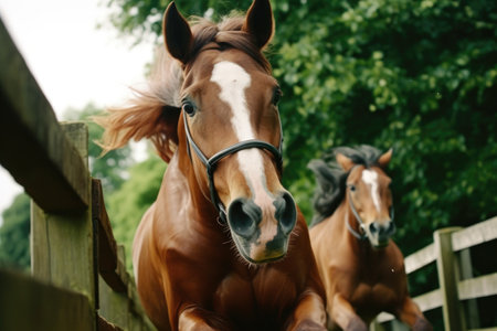 close-up of horses determined expression as it jumps hurdle, created with generative aiの素材