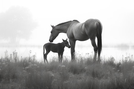 black and white image of horse nuzzling foal in misty meadow, created with generative aiの素材
