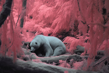 infrared image of a sleeping bear in a dark forest, created with generative aiの素材