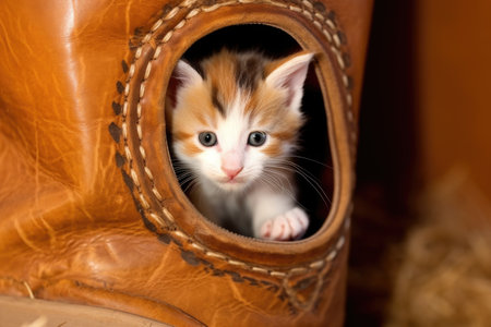 kitten peeking out from inside a cowboy boot, created with generative aiの素材