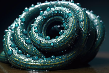 garden hose with water leak near flower bed, created with generative aiの素材