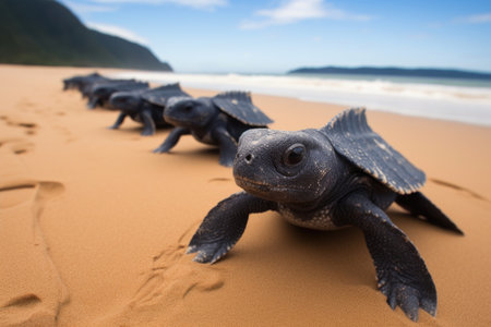 leatherback hatchlings emerging from the sand, created with generative aiの素材
