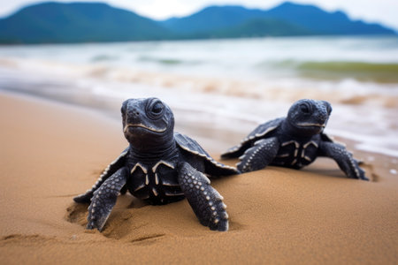 hatching baby leatherback sea turtles, created with generative aiの素材