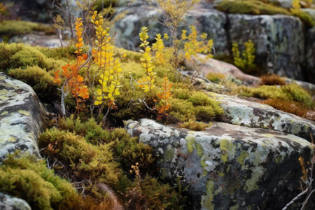 lichen and small plants thriving on a rocky terrain, created with generative aiの素材