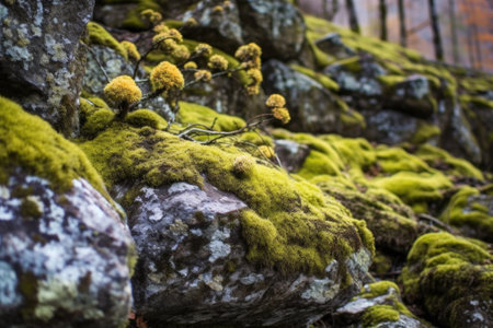 lichen growth on rocks near a mountain stream, created with generative aiの素材