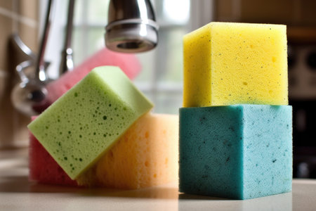 eco-friendly dishwasher detergent and sponge nearby, created with generative aiの素材