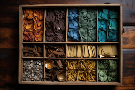 aerial view of assorted tea bags in a wooden box, created with generative aiの素材