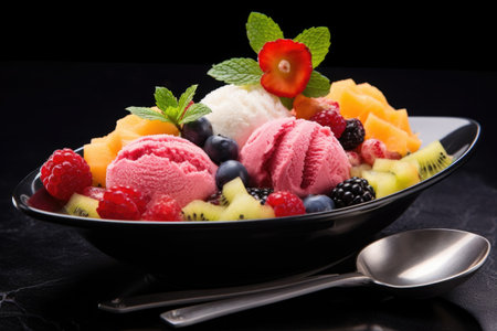 fruit salad with scoop of sorbet, created with generative aiの素材