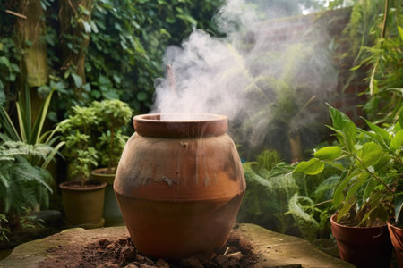 smoke rising from terracotta pot smoker outdoors, created with generative aiの素材