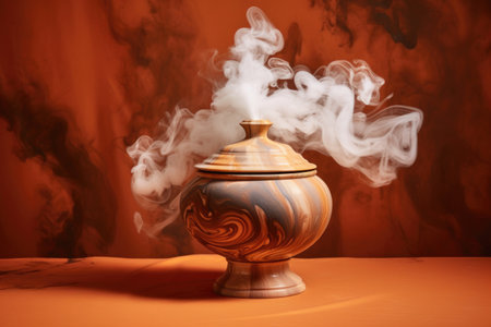 smoke escaping from terracotta pot smokers lid, created with generative aiの素材