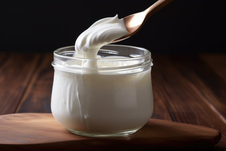 spoonful of thick, creamy homemade yogurt, created with generative aiの素材
