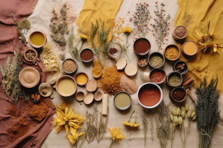 natural dye ingredients arranged in a flat lay style, created with generative aiの素材
