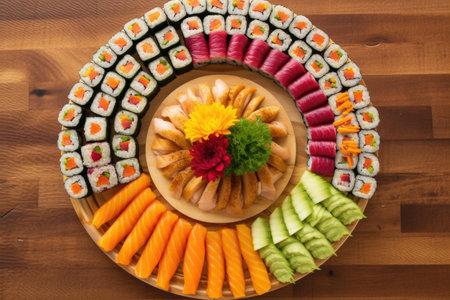 sushi rolls arranged in a circle on a wooden platter, created with generative aiの素材