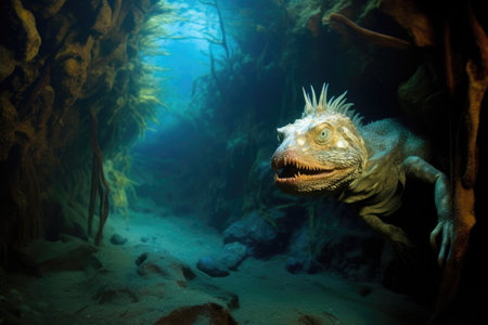 iguana exploring underwater cave in galapagos, created with generative aiの素材